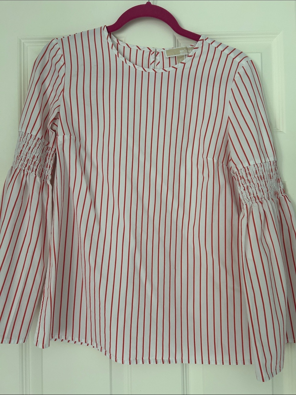 Michael Kors Striped Bell-Sleeve Blouse -Orange & White